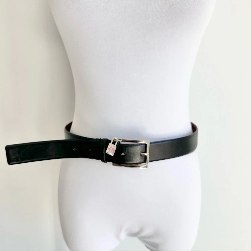 Anne Klein “AK” Black Genuine Leather Silver Lock Charm Rectangle Buckle Belt